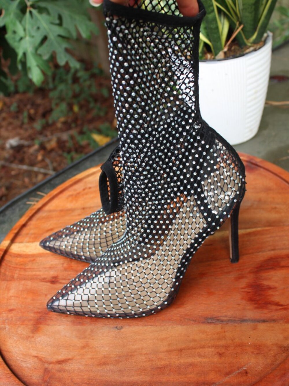 EGO Rhinestone Fishnet Mesh Pointed Toe Sock Ankle Boots / US 9